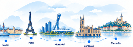 Parcours de Toulon à Marseille, en passant par Paris, Montréal et Bordeaux